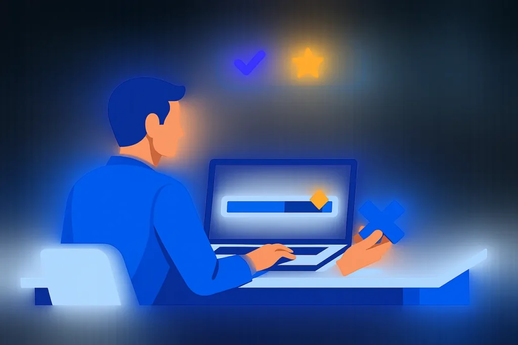 Editorial illustration of a person at a desk reviewing wagering requirements on a laptop with a progress bar and a multiplier symbol